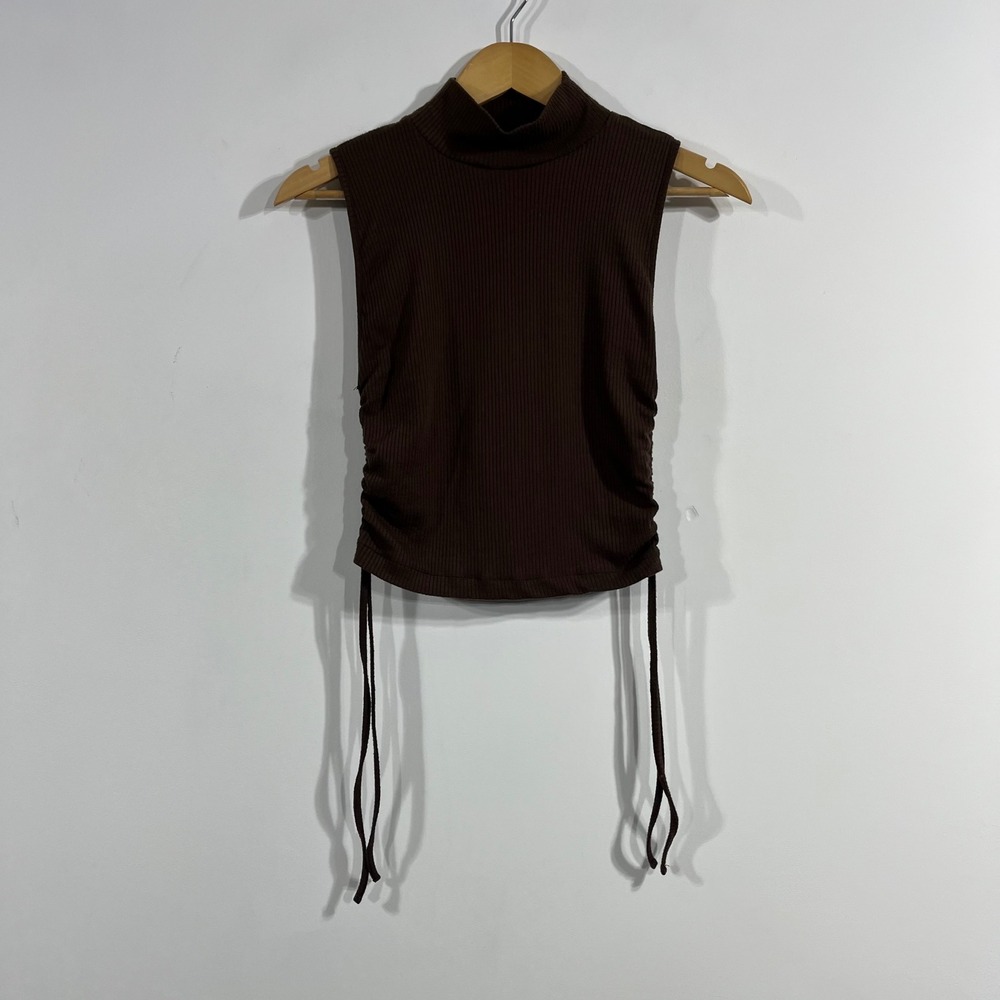 Zara Old Money 90s Preppy Brown Ribbed Mock Neck Ruched Side Tie Top Women Small
